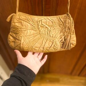 Genuine Leather Tan Ruched Shoulder Bag